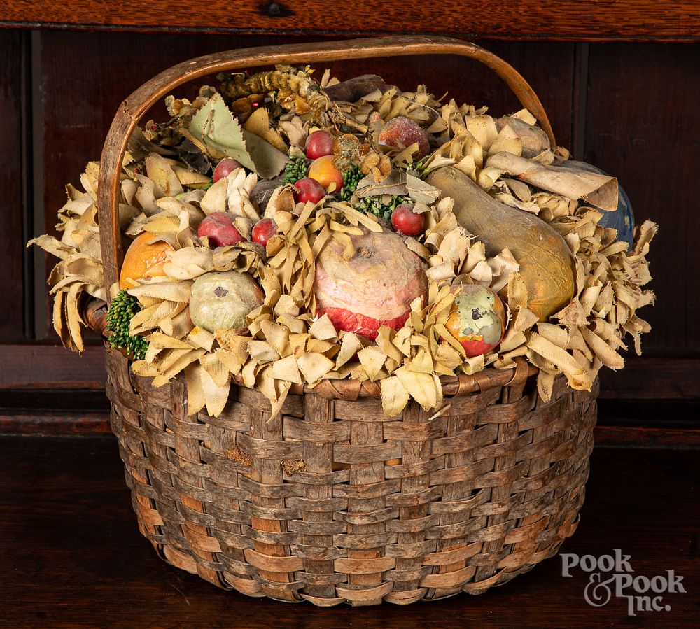 Appraisal: Split oak basket with composition fruit Split oak basket with