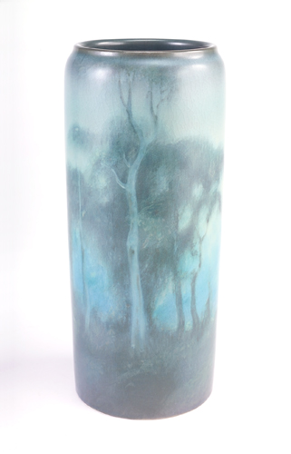 Appraisal: ROOKWOOD Green Vellum tall cylindrical vase painted by Fred Rothenbusch