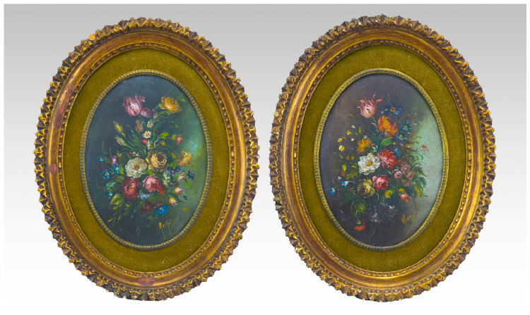 Appraisal: Pair Of Decorative Still Life On Copper Showing Flowers Oval