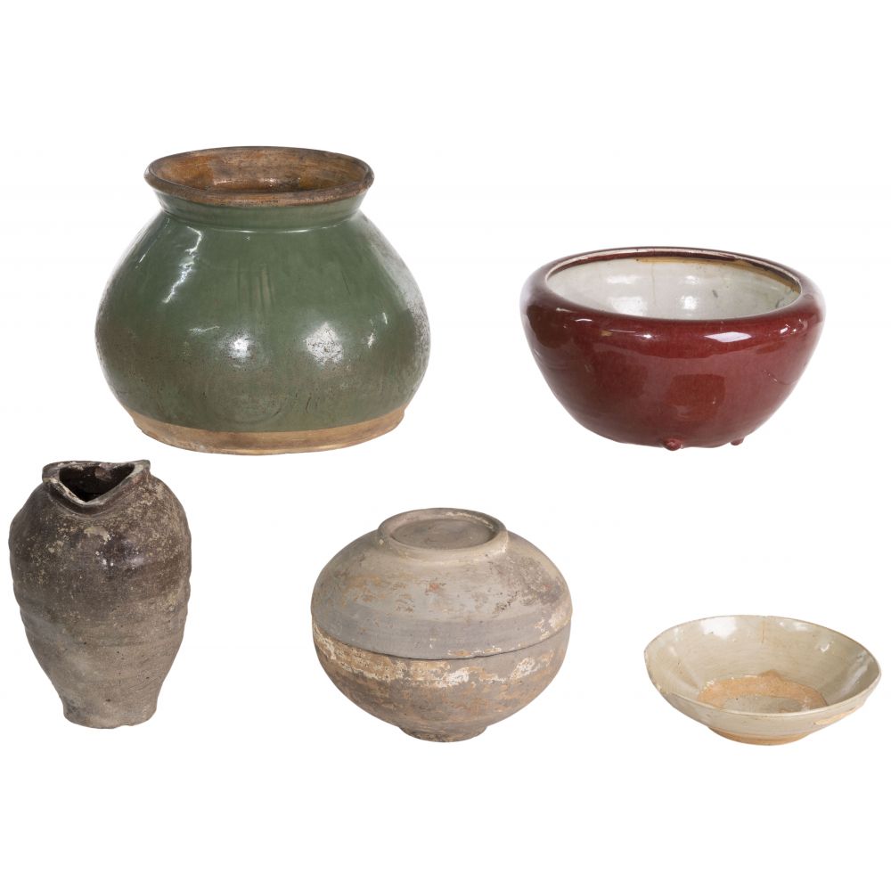 Appraisal: ASIAN POTTERY ASSORTMENT items including a green glaze pot having