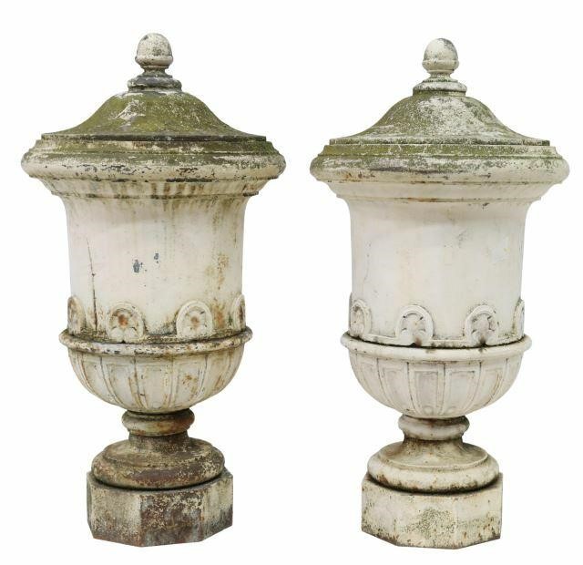 Appraisal: pair Large French painted cast iron garden urns having sealed