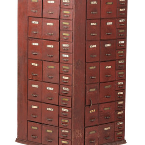 Appraisal: A Rotating Hardware Store Storage Cabinet in Red Paint Early