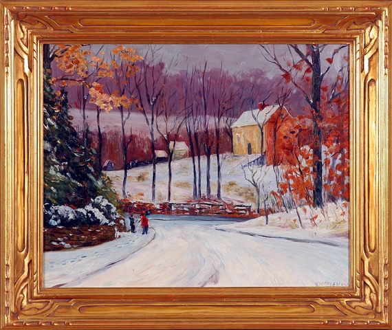 Appraisal: Winter landscape with figure oil on board x Artist American