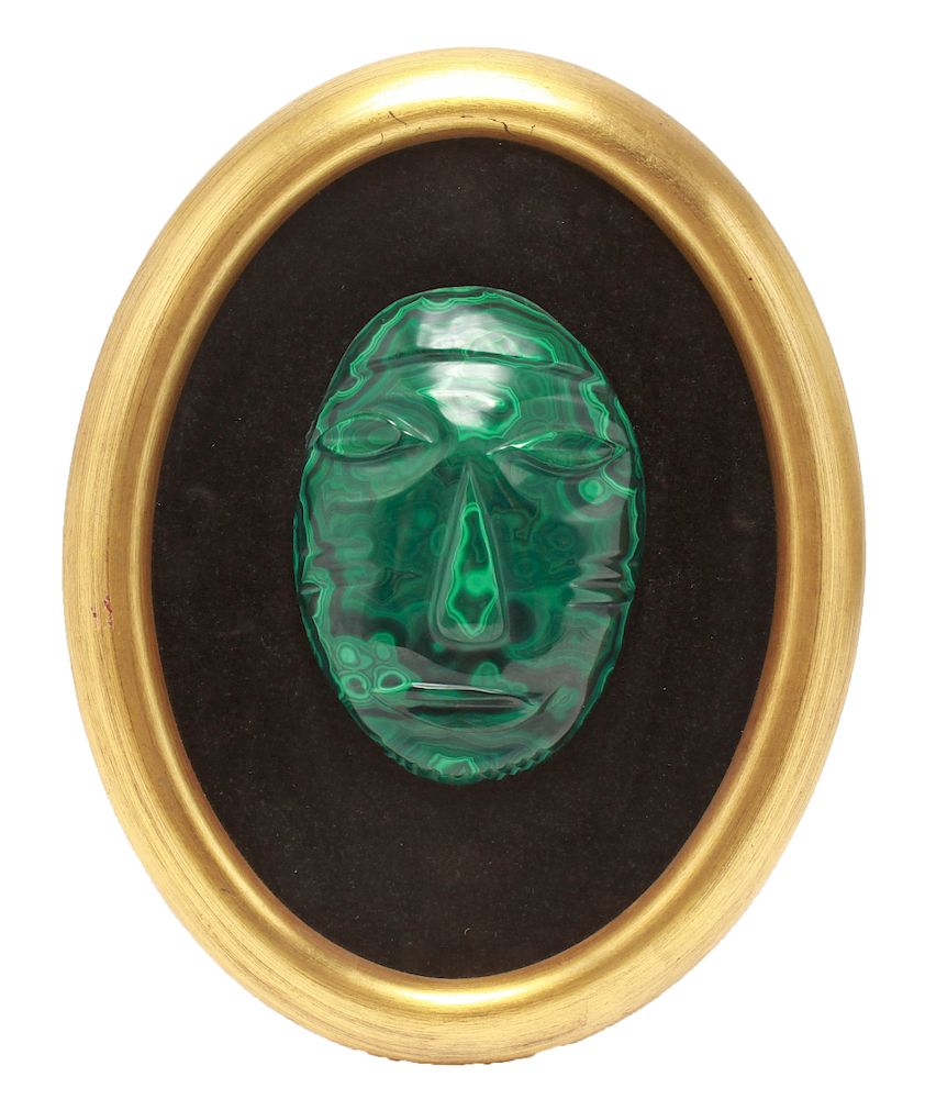 Appraisal: Carved Malachite Stylized Face Hanging Wall Plaque Carved malachite plaque