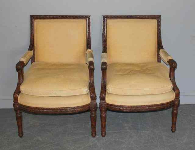 Appraisal: Pair of Vintage French Style Carved Armchairs Labeled ''The Trianon