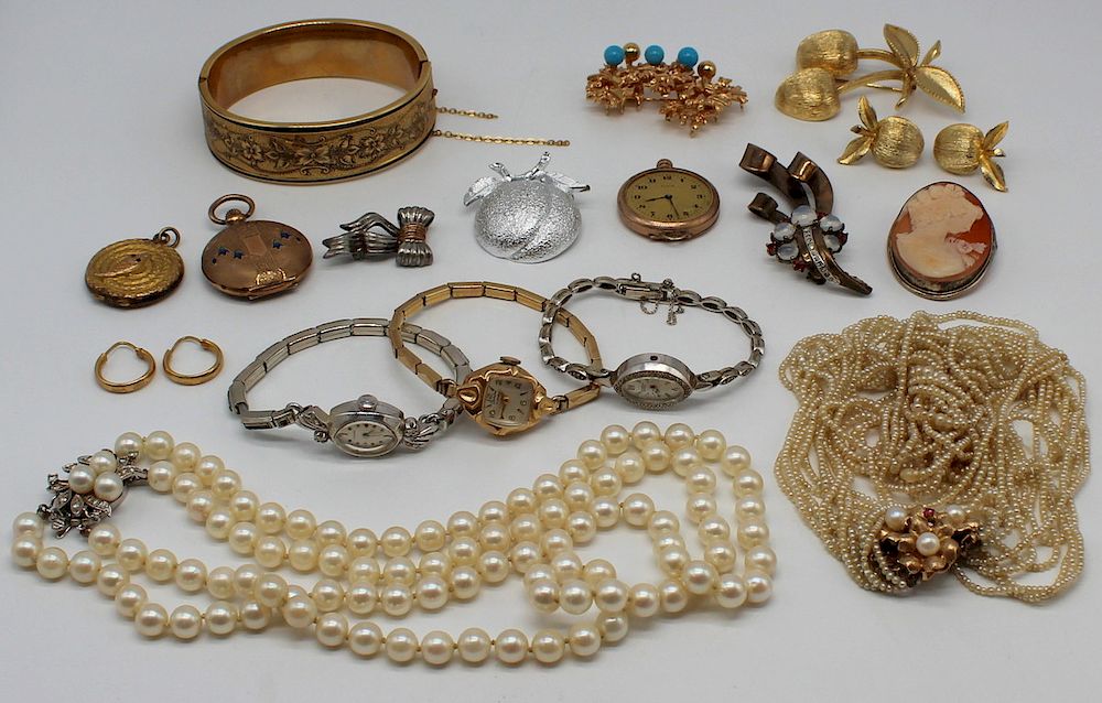 Appraisal: JEWELRY Assorted Gold Silver and Costume Jewelry Includes a double