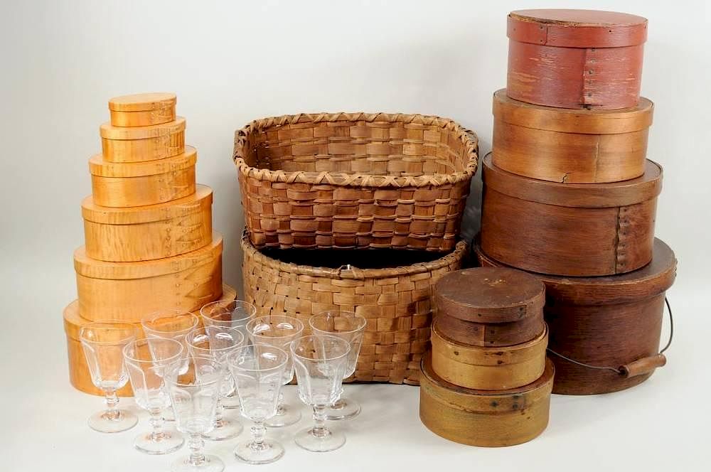 Appraisal: Thirteen Shaker Style Boxes Baskets Glassware Thirteen Bentwood boxes comprising