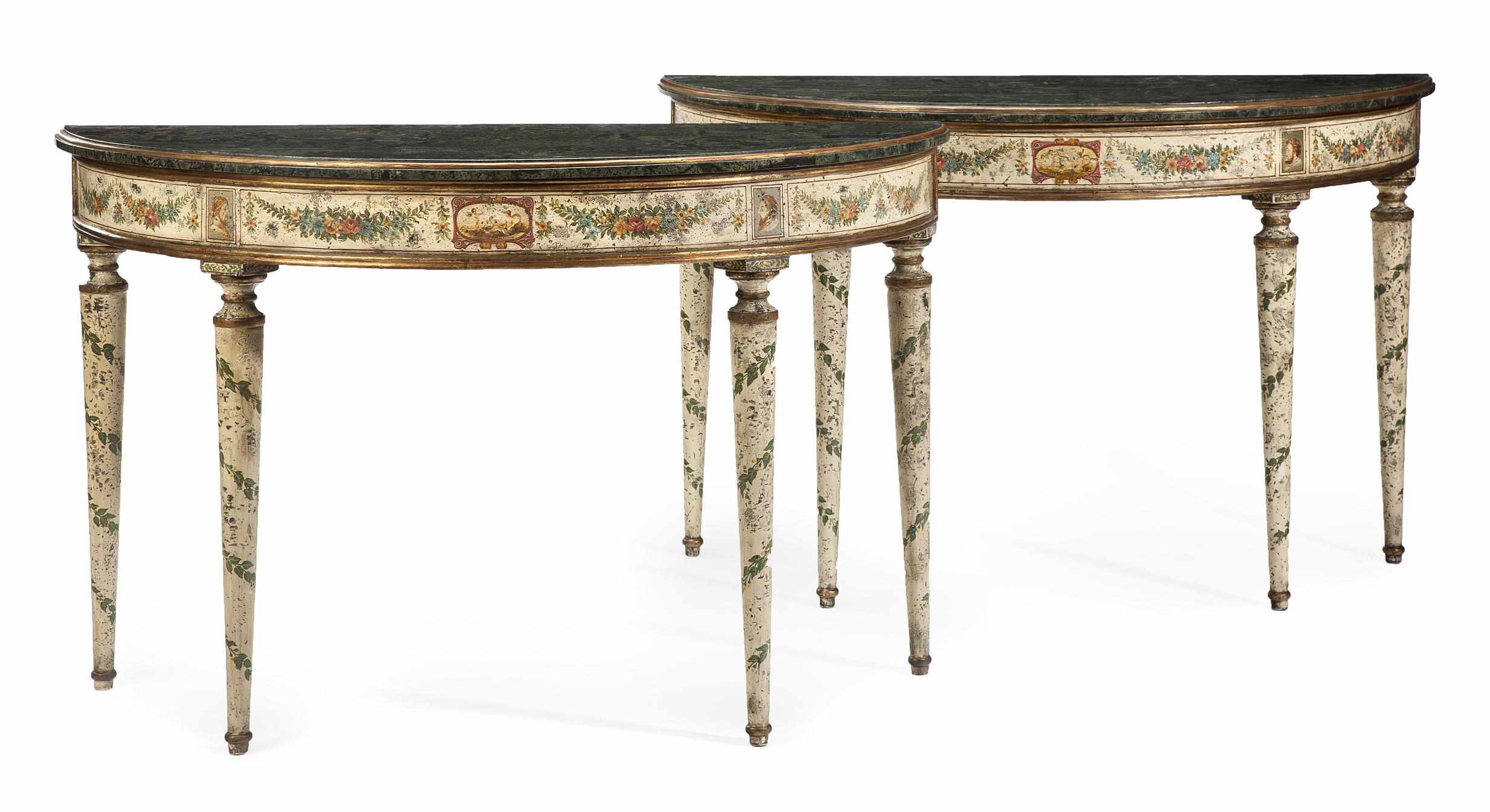 Appraisal: A pair of Neoclassical style paint decorated demilune consoles with