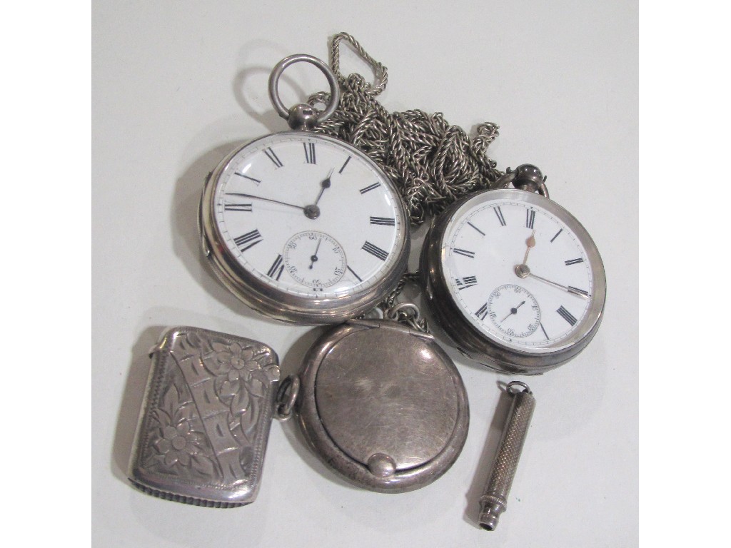 Appraisal: Lot comprising two silver pocket watches silver compact silver vesta