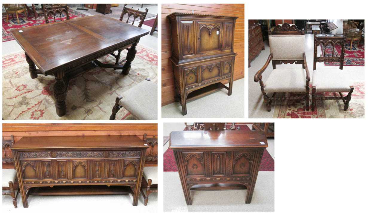 Appraisal: TEN-PIECE WALNUT DINING FURNITURE SET English Elizabethan Revival style American