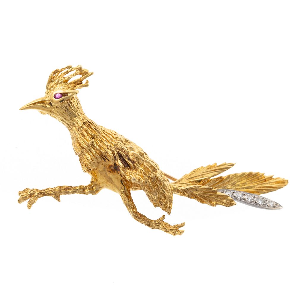 Appraisal: An K Ruby Diamond Roadrunner Brooch K yellow gold brooch