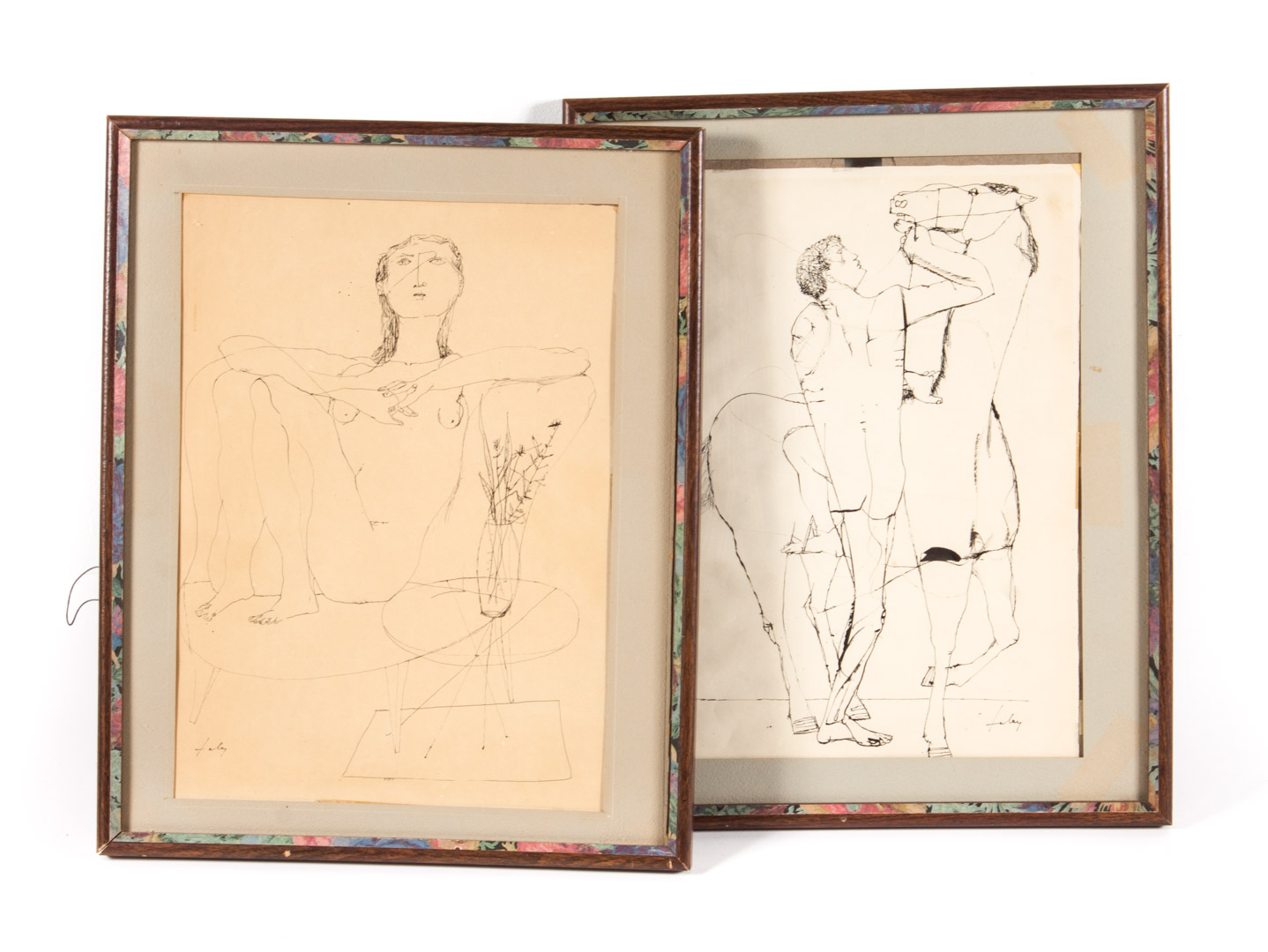 Appraisal: Lajos Szalay Two framed pen and ink drawings Hungarian -