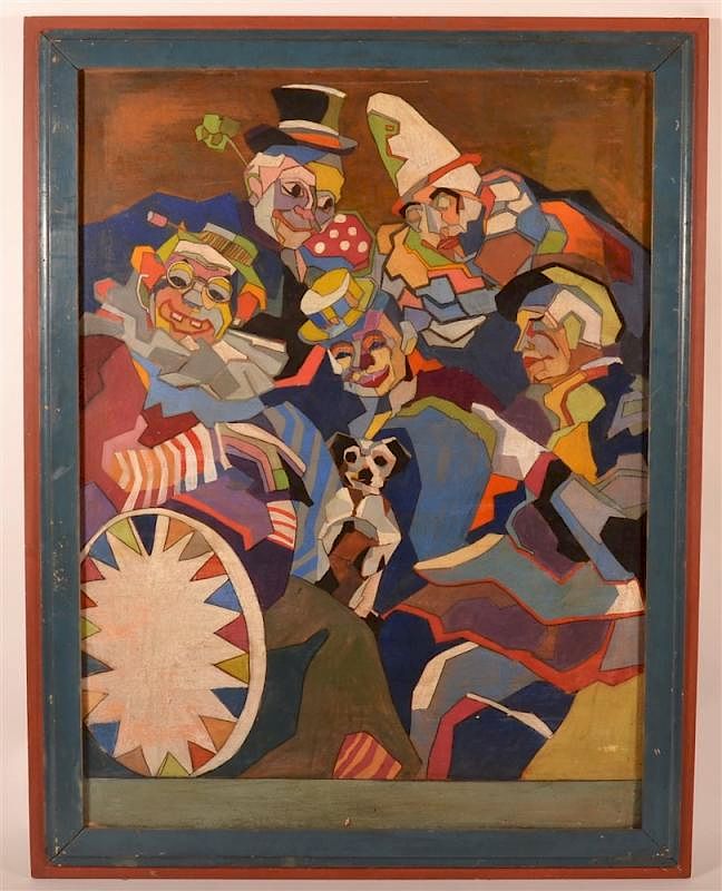 Appraisal: s Oil on Masonite Painting of Jovial Clowns s Oil