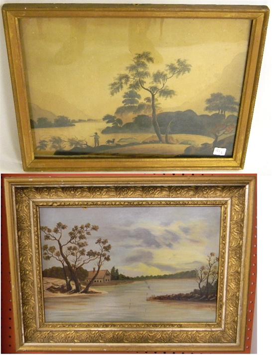 Appraisal: th C naive watercolor landscape featuring man and dog on