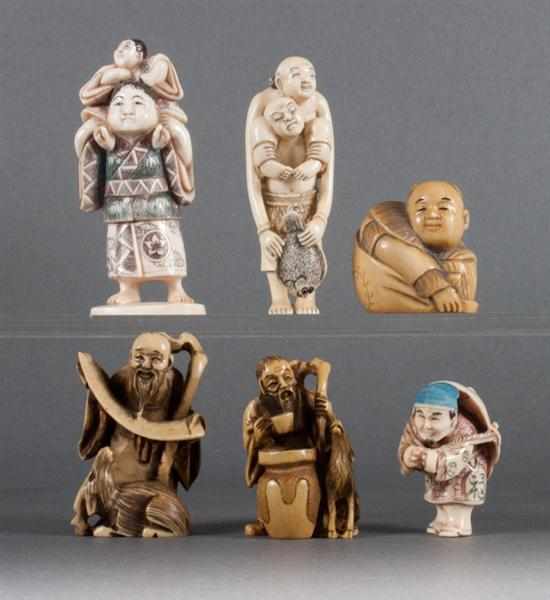 Appraisal: Six Japanese carved ivory netsukes comprising man on piggyback man