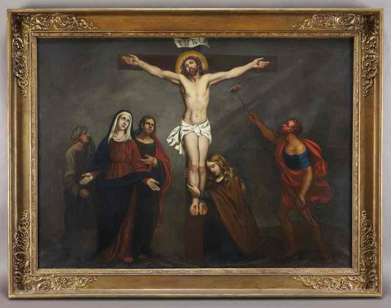 Appraisal: European school oil painting on canvas depictingthe Crucifixion of Christ