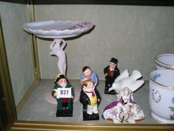 Appraisal: Various late Dresden figurines four Royal Doulton Dickens figures and