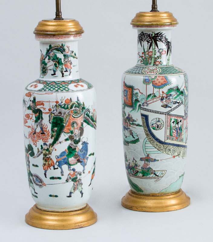 Appraisal: TWO SIMILAR CHINESE FAMILLE VERTE PORCELAIN ROULEAU VASES MOUNTED AS