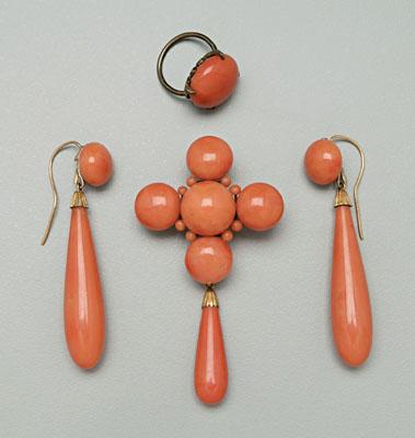 Appraisal: Victorian coral jewelry pair earrings and pin button and drop