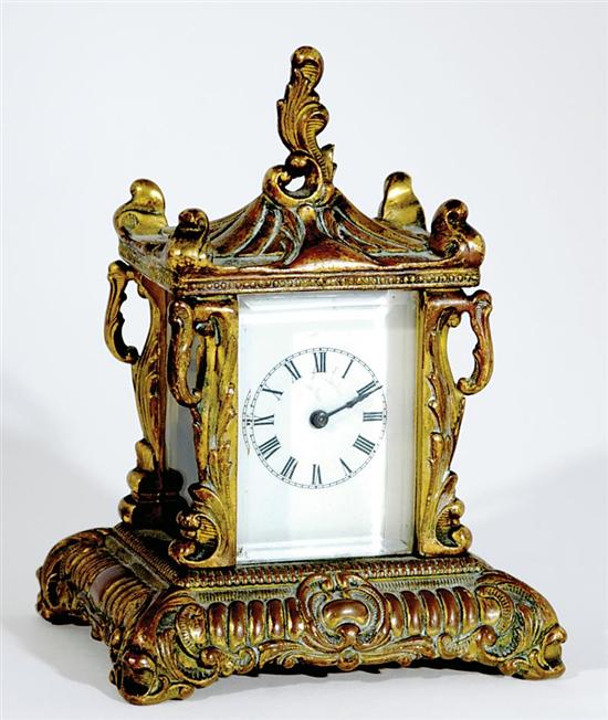 Appraisal: Diminutive Waterbury mantel clock circa flame finial on pagoda-form top