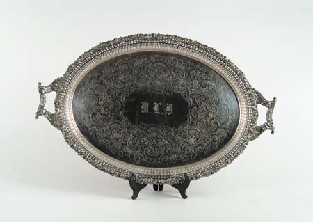 Appraisal: FINE LARGE ORNATE ENGLISH SILVER PLATED TRAY Oval tray with