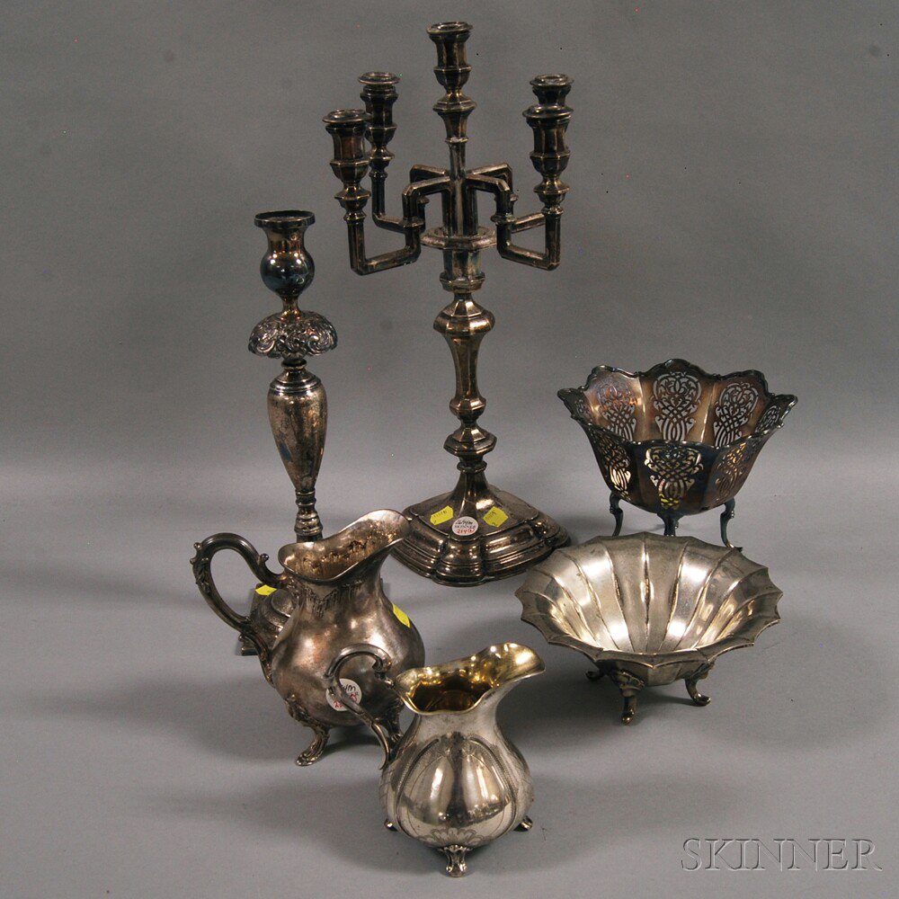 Appraisal: Six Pieces of Continental Silver Tableware a single Polish candlestick