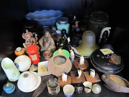 Appraisal: ONE SHELF INCL ART GLASS PENGUIN FIGURES CLOISONNE BUDDHA FIGURE