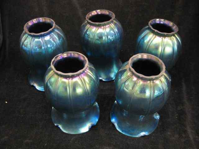 Appraisal: Lundberg Art Glass Shades rich iridescent blue ribbed tulip style