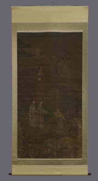 Appraisal: Chinese Qing watercolor painted scroll depictingfigures in a landscape Unsigned