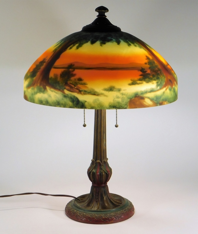 Appraisal: JEFFERSON REVERSE PAINTED SCENIC SUNSET TABLE LAMP Illinois Early th