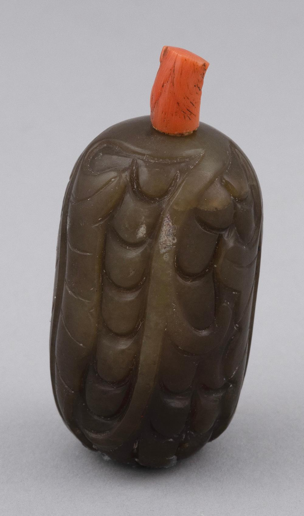 Appraisal: CHINESE CARVED GREEN JADE SNUFF BOTTLE EARLY TH CENTURY LENGTH