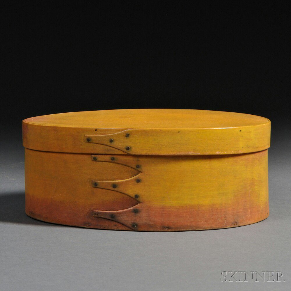 Appraisal: Shaker Red- and Yellow-painted Oval Covered Box probably New England