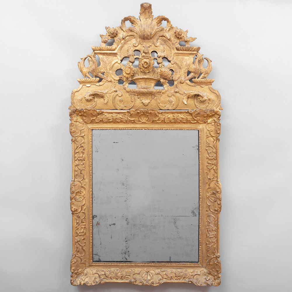 Appraisal: R gence Giltwood Mirror The central mirror plate within strapwork