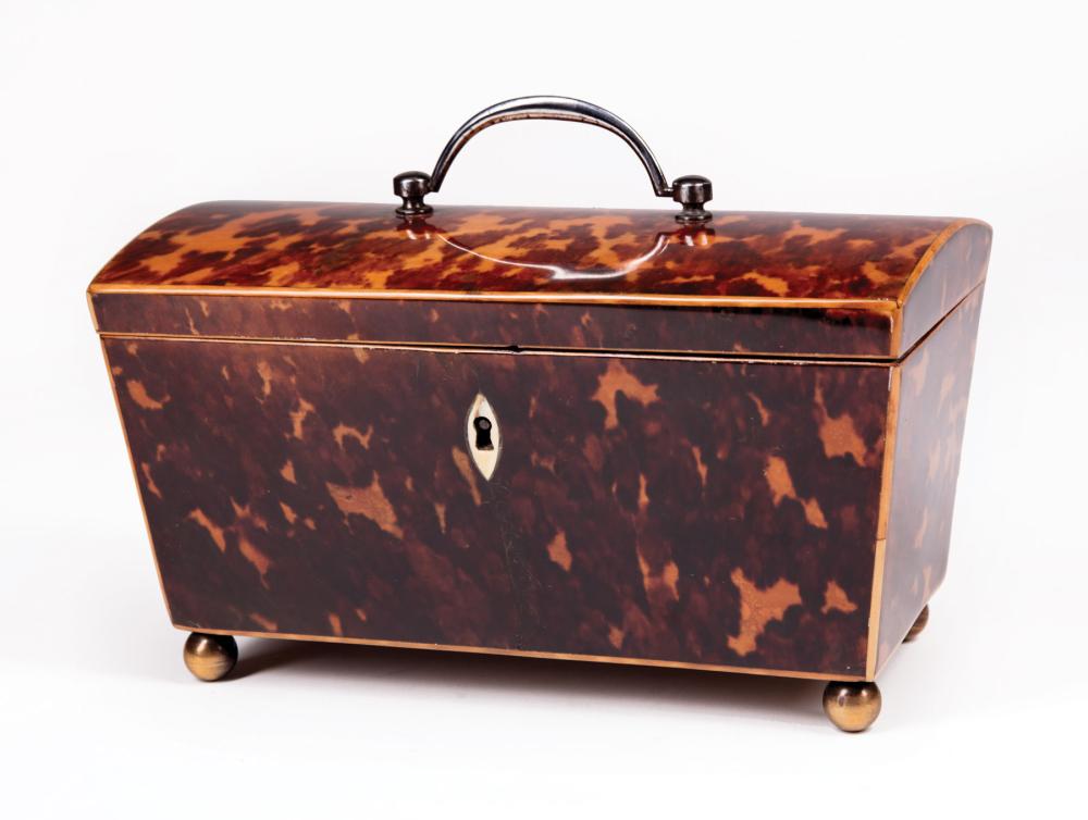 Appraisal: English Tortoiseshell Tea Caddy th c bail handle domed top