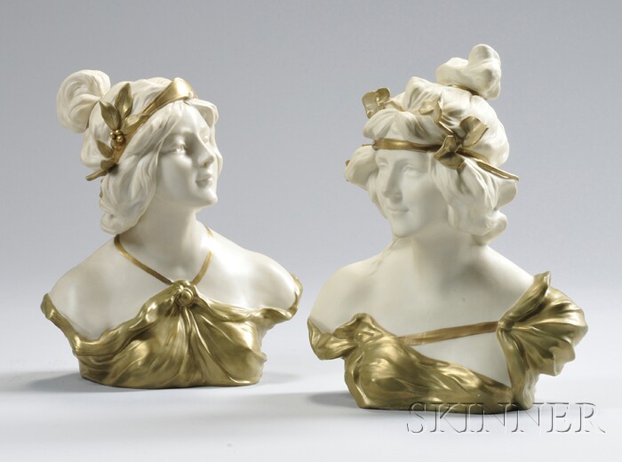 Appraisal: Two German Gilt-porcelain Busts of Young Women ht and in