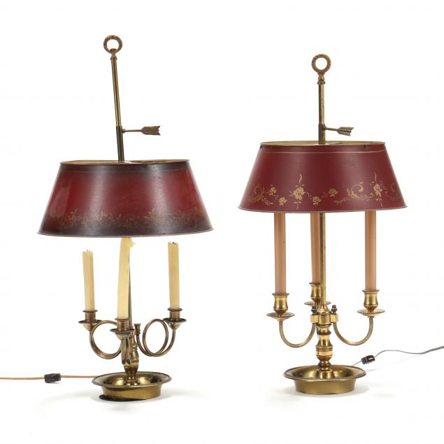 Appraisal: TWO VINTAGE GILT BRASS BOUILLOTTE LAMPS WITH TOLE SHADES Mid-century