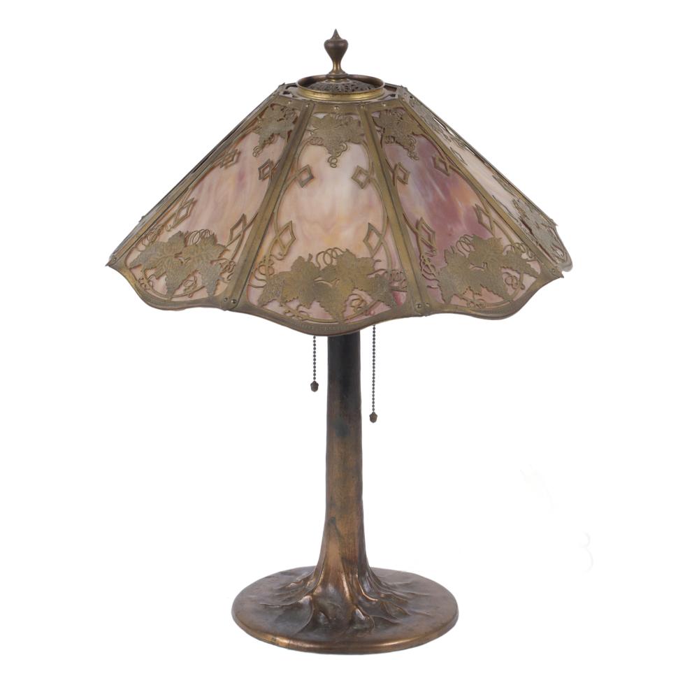 Appraisal: EIGHT PANEL PINK SLAG GLASS LAMP WITH GRAPEVINE GRAPE LEAF