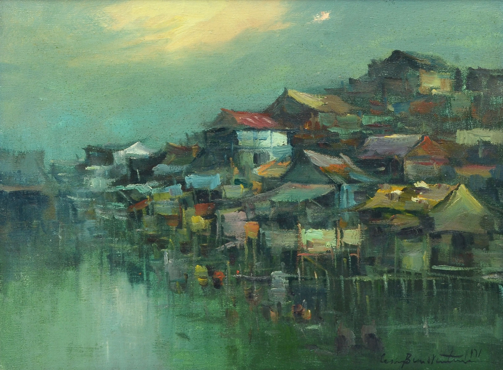 Appraisal: BUENAVENTURA Cesar Filipino - Waterside Village Oil Canvas '' x