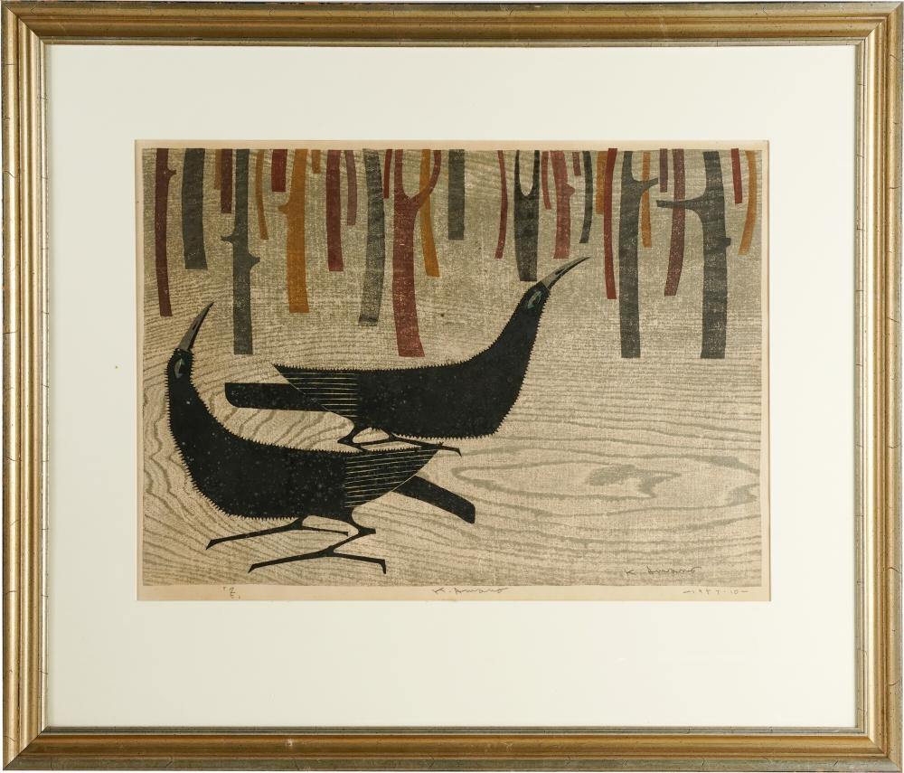 Appraisal: KAWANO CROWS woodblock print pencil-signed lower-middle dated lower right x