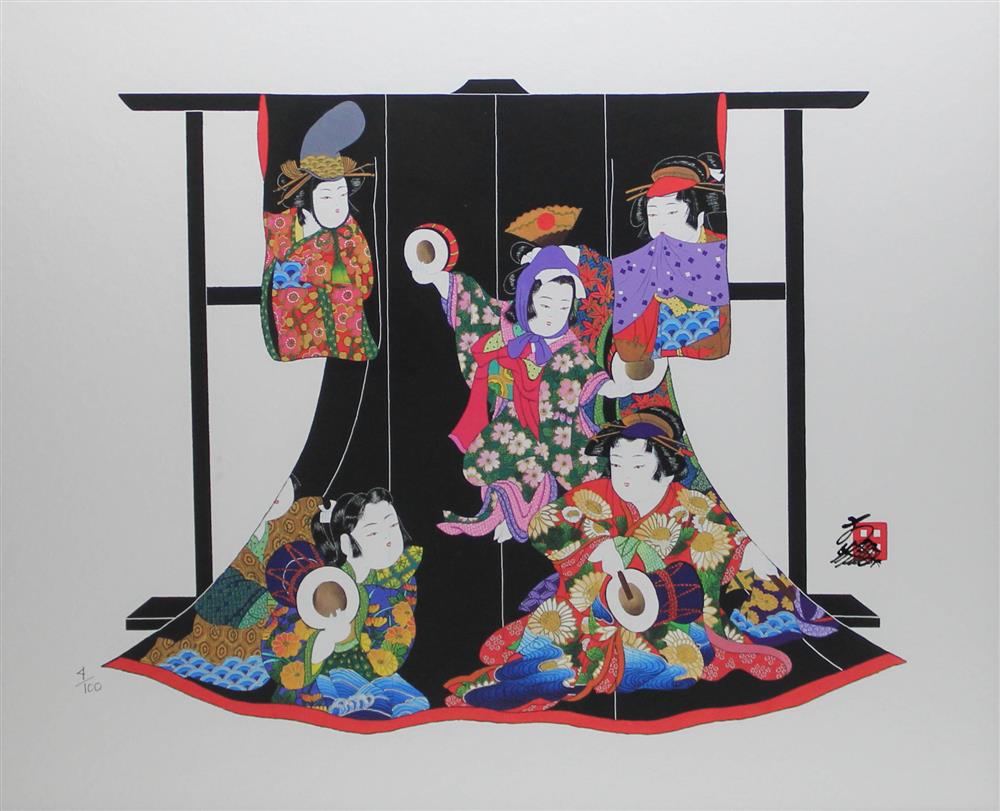 Appraisal: MODERN JAPANESE PRINT HISASHI OTSUKA FESTIVAL DOLLS authentication papers on