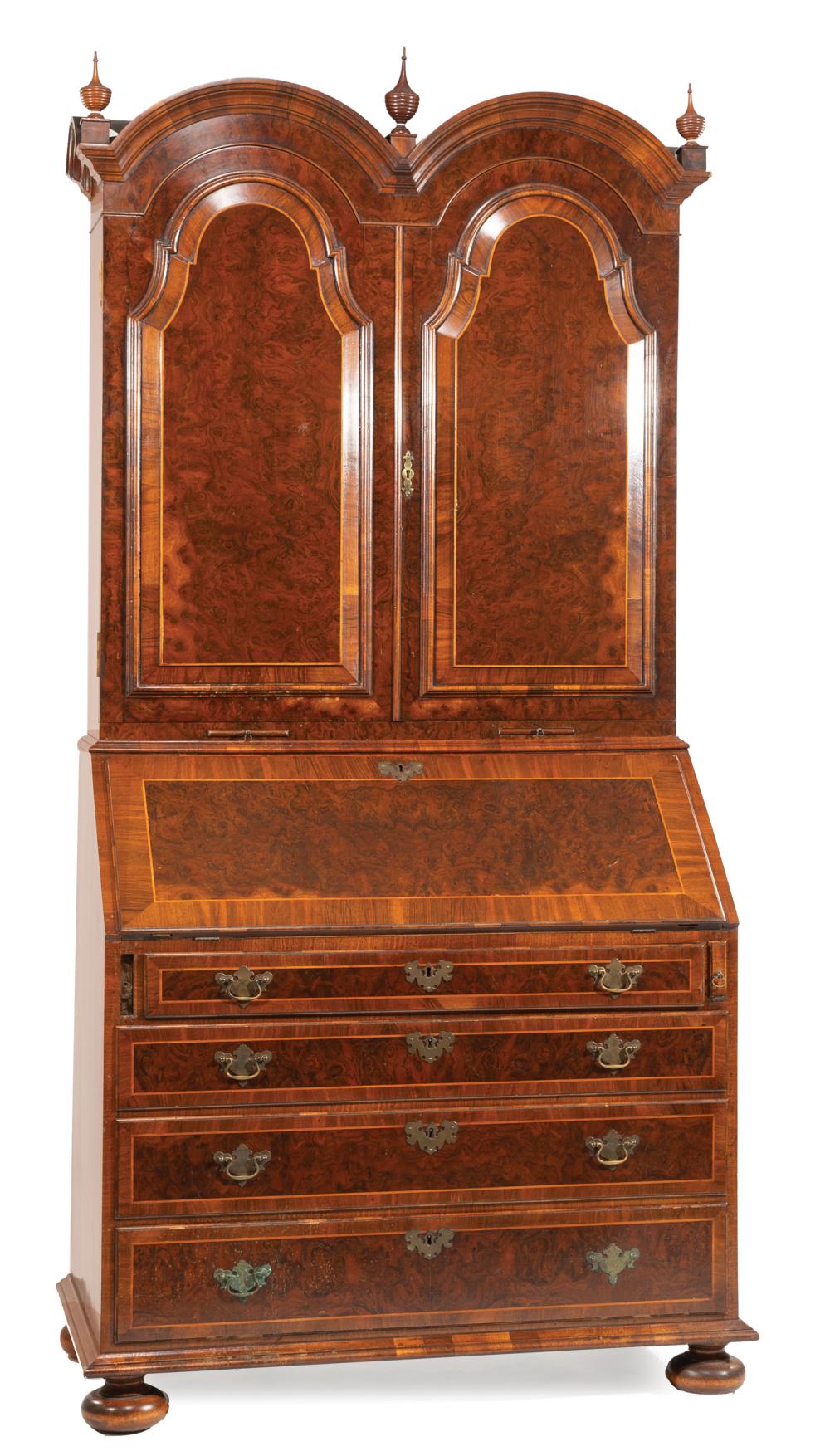 Appraisal: Fine Antique Georgian Inlaid Burl Walnut Double Dome Secretary Bookcase