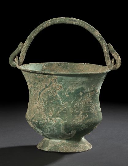 Appraisal: Ancient Roman Verdigris-Patinated Bronze Footed Swing-Handled Vessel first century A