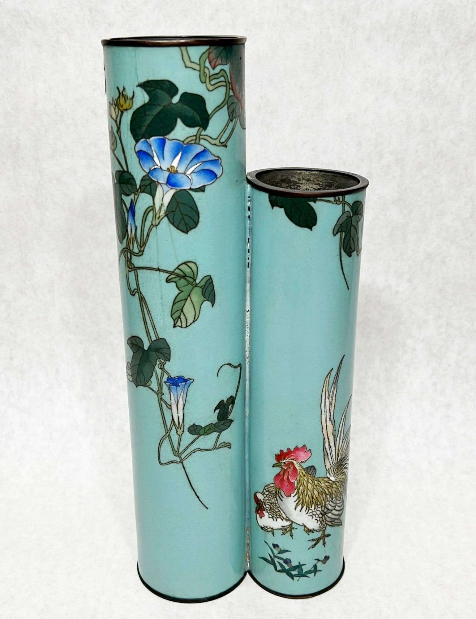 Appraisal: Japanese Meiji Period Cloisonne Rooster Double Cylinder Vase tall across