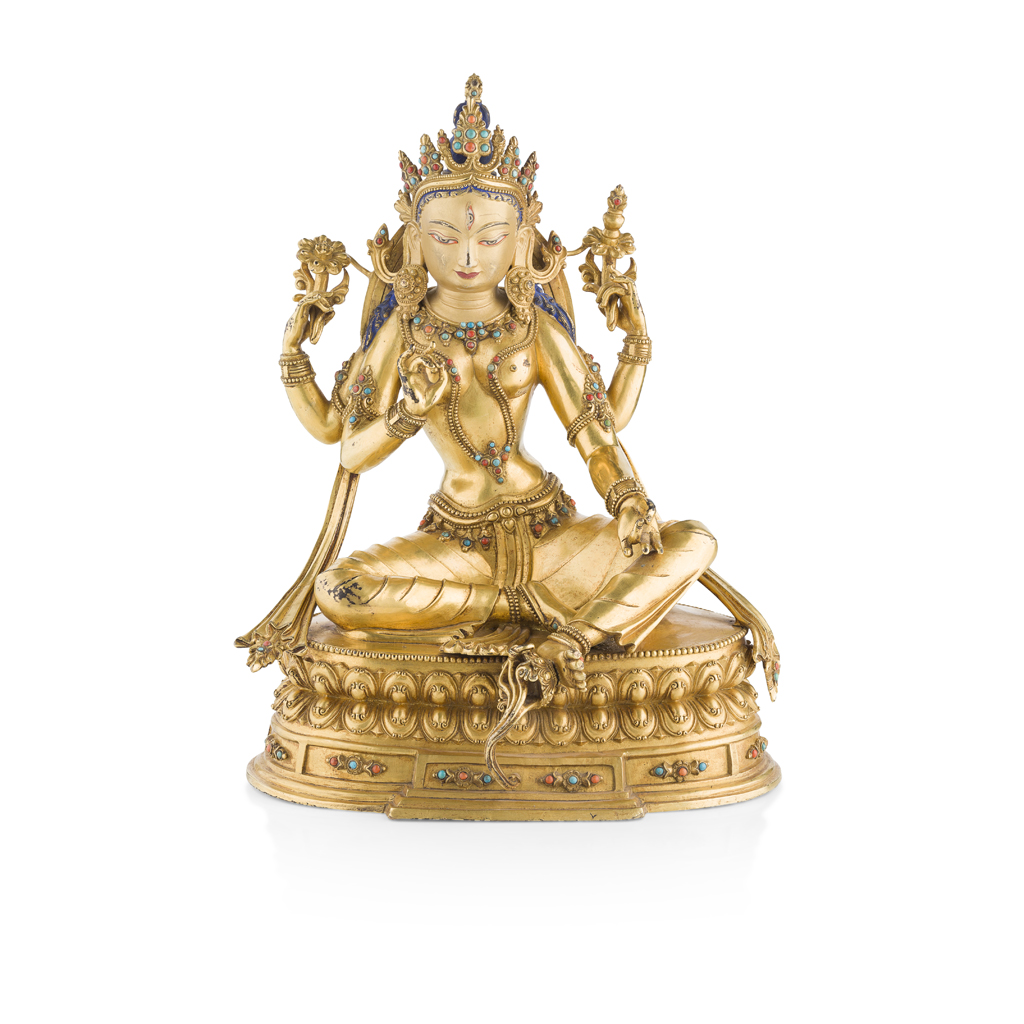 Appraisal: GILT-BRONZE FIGURE OF TARA seated in lalitasana on a double-lotus