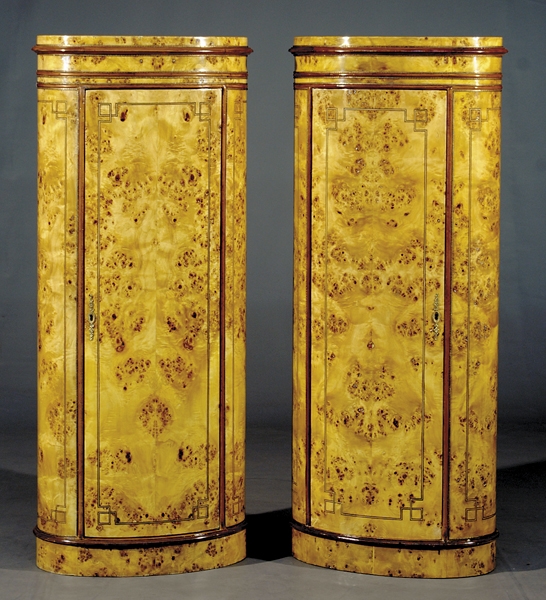 Appraisal: Pair Biedermeier style inlaid birch burl tall cabinets oval form