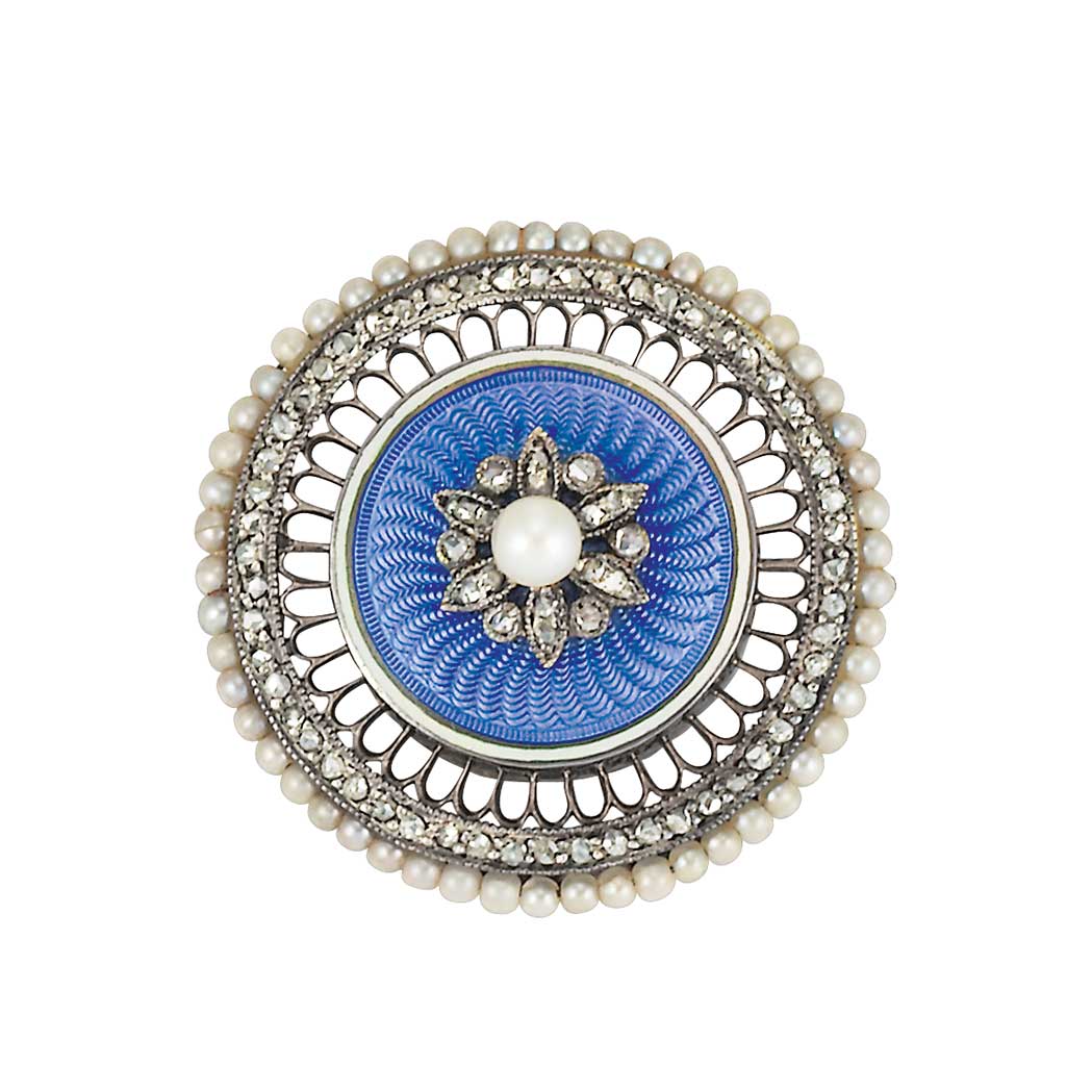 Appraisal: Antique Gold Silver Guilloche Enamel Diamond Button and Seed Pearl