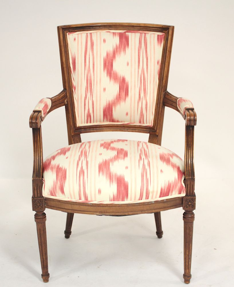 Appraisal: Louis XVI Style Fruitwood Fauteuil Contemporary red and white linen