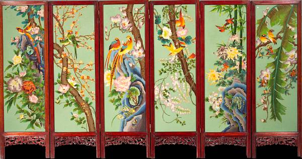 Appraisal: A six-panel wood and enameled floor screen Each panel possibly