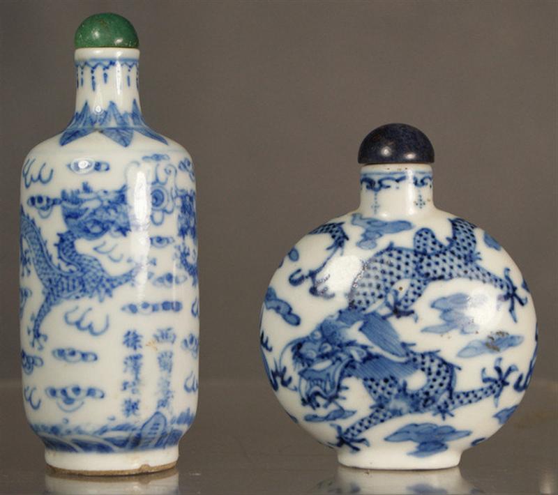 Appraisal: porcelain snuff bottles cylindrical purse shaped each with blue underglaze