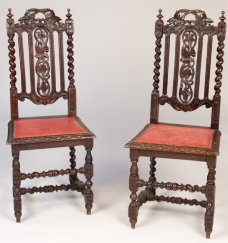 Appraisal: Pair of th C Elizabethan Revival Side Chairs Carved leaf